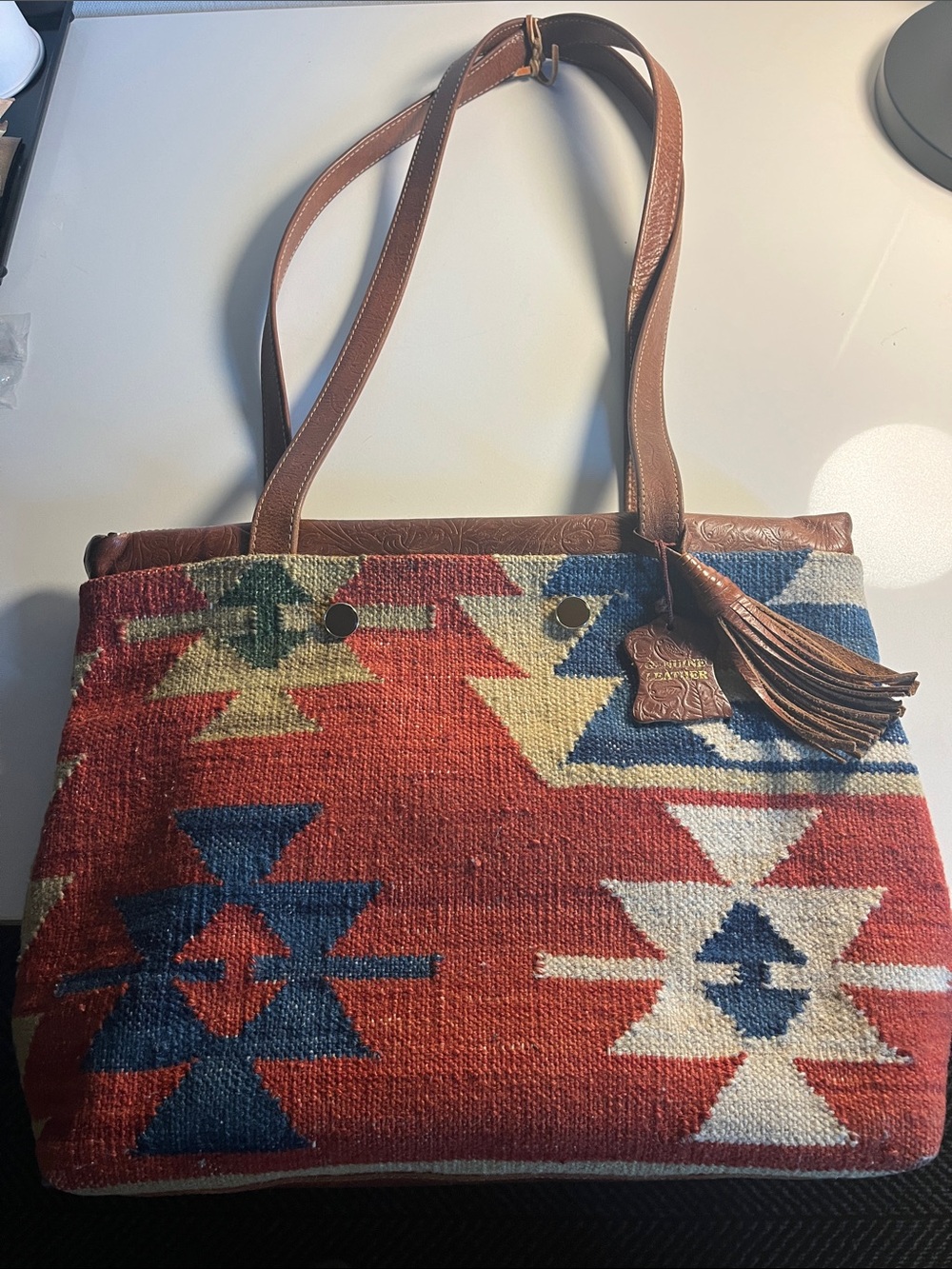 Wool Southwestern Pattern Tote Bag in Red, Blue, Cream and Green